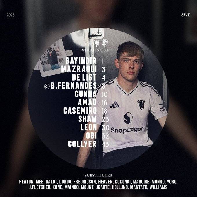 曼联vs利兹联首发：库尼亚、莱昂首秀，B费、奥比、阿玛德先发