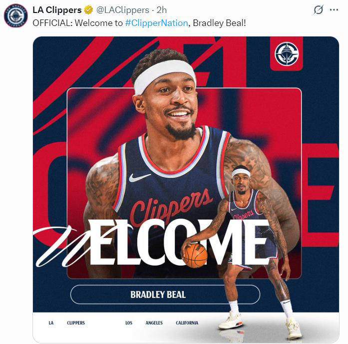 洛杉矶快船正式签约布拉德利-比尔 两年合同详细公布